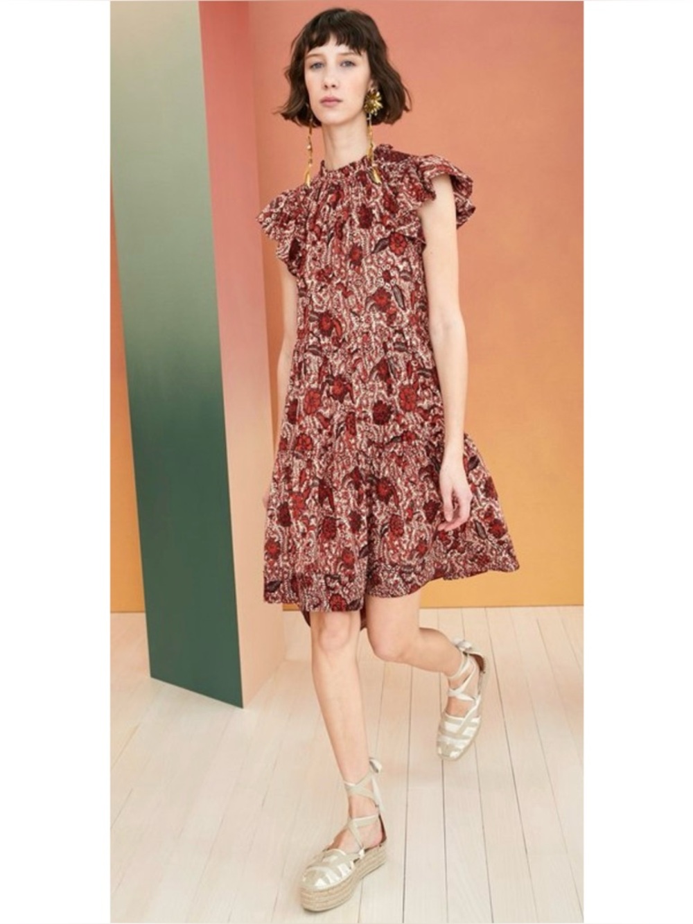Ulla Johnson Red Floral Ruffled Short Dress